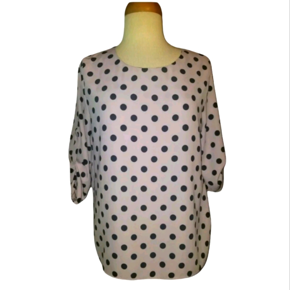 Freeway Light Purple and Black Polka Dot 3/4 Sleeve Blouse/Top Women's L